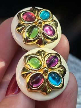 Joan Rivers Cabochon Multicolor Enamel Gold Clip Ons
